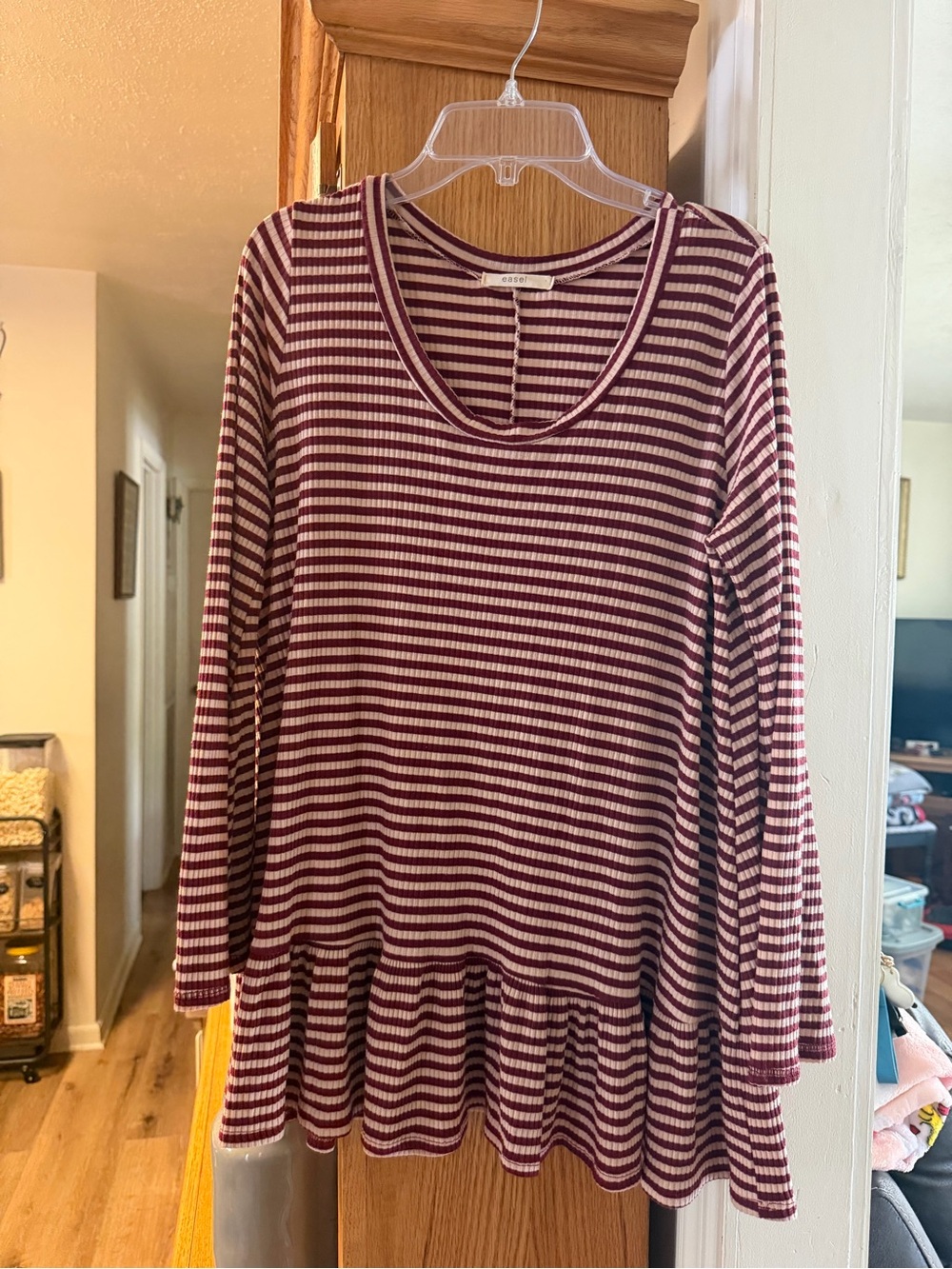 Easel Striped Ruffle-Hem Long Sleeve Top - Wine & Cream - Size Medium